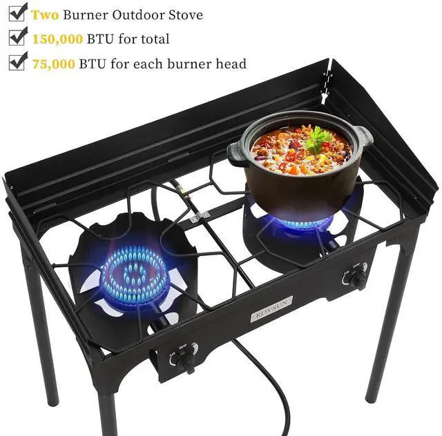Alt view image 6 of 7 - 2-Burner Outdoor Portable Propane Burner Stove 150,000-BTU Gas Cooker with Windscreen & Carrying Bag, Heavy Duty Iron Cast Patio Burner with Detachable Stand Legs for Camp Cooking
