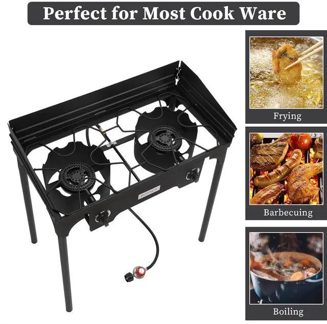 Alt view image 4 of 7 - 2-Burner Outdoor Portable Propane Burner Stove 150,000-BTU Gas Cooker with Windscreen & Carrying Bag, Heavy Duty Iron Cast Patio Burner with Detachable Stand Legs for Camp Cooking