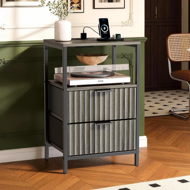 Main image of Fluted Nightstand, Fabric Dresser with 2 Drawers and 1 Shelf, Bedside Table/End Table with Charging Station, Nightstand for Bedroom, Livingroom, College Dorm, Oak