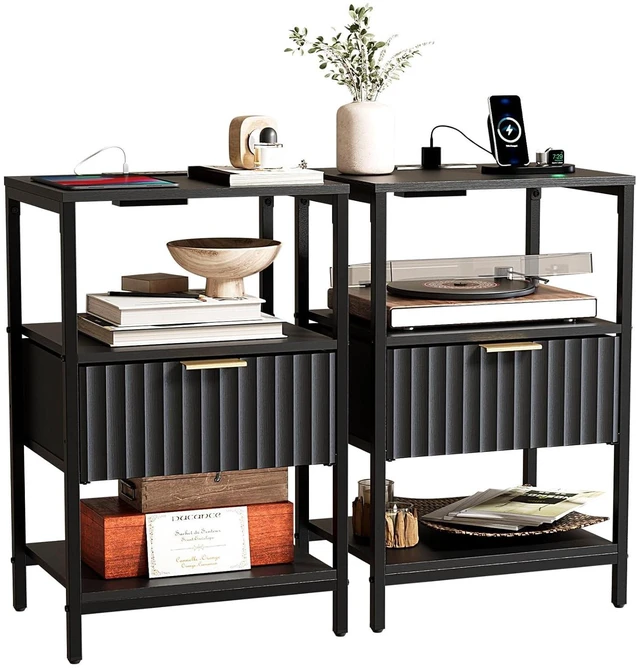 Main image of Fluted Nightstand Set of 2, Fabric Dresser with 2 Drawers and 1 Shelf, Bedside Table/End Table with Charging Station, Nightstand for Bedroom, Livingroom, College Dorm, Black