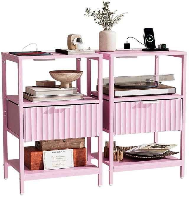 Main image of Fluted Nightstand Set of 2, End Table with Fabric Drawer with Charging Station, Night Stand with Storage Shelf & Handle, Fluted Side Table for Bedroom/Living Room,Pink