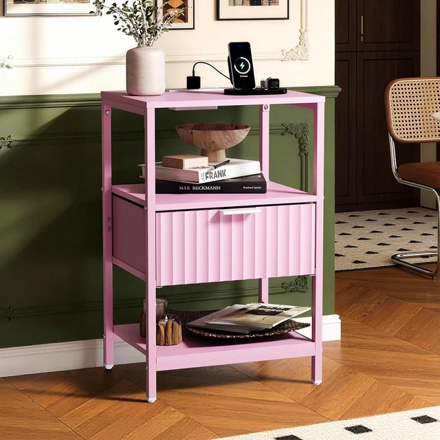 Alt view image 2 of 7 - Fluted Nightstand Set of 2, End Table with Fabric Drawer with Charging Station, Night Stand with Storage Shelf & Handle, Fluted Side Table for Bedroom/Living Room,Pink