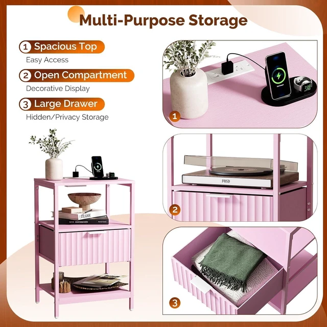 Alt view image 7 of 7 - Fluted Nightstand Set of 2, End Table with Fabric Drawer with Charging Station, Night Stand with Storage Shelf & Handle, Fluted Side Table for Bedroom/Living Room,Pink