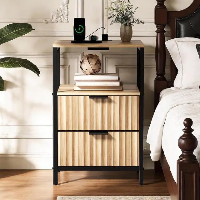 Alt view image 2 of 7 - Fluted Nightstand Set of 2, Fabric Dresser with 2 Drawers and 1 Shelf, Bedside Table/End Table with Charging Station, Nightstand for Bedroom, Livingroom, College Dorm, Oak