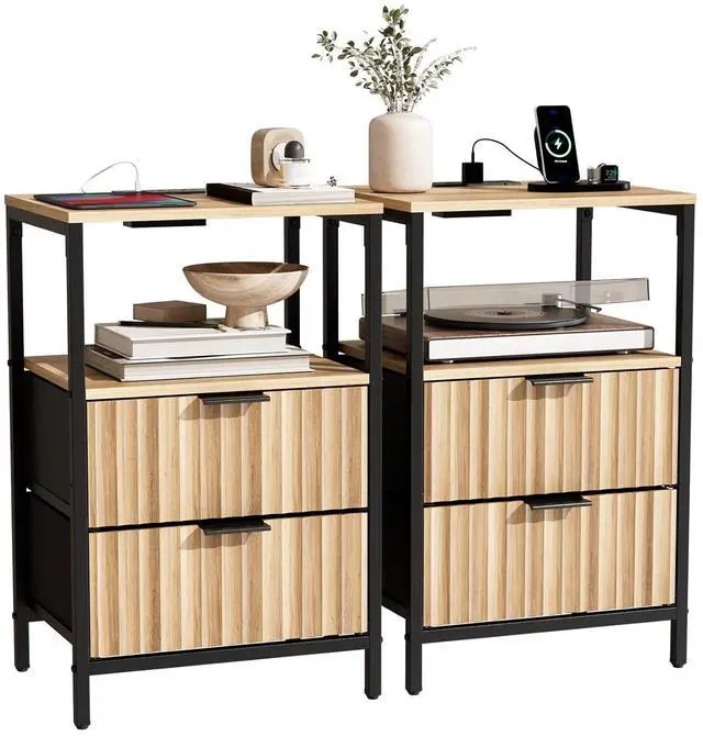 Main image of Fluted Nightstand Set of 2, Fabric Dresser with 2 Drawers and 1 Shelf, Bedside Table/End Table with Charging Station, Nightstand for Bedroom, Livingroom, College Dorm, Oak