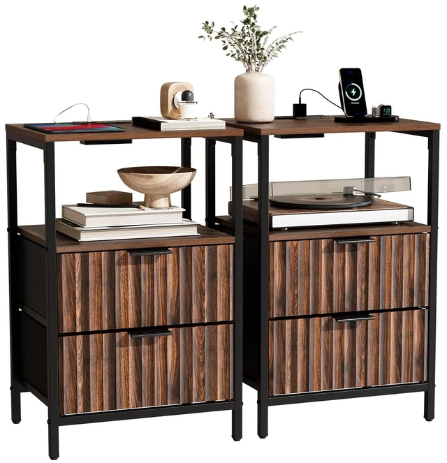 Main image of Fluted Nightstand Set of 2, Fabric Dresser with 2 Drawers and 1 Shelf, Bedside Table/End Table with Charging Station, Nightstand for Bedroom, Livingroom, College Dorm, Walunt