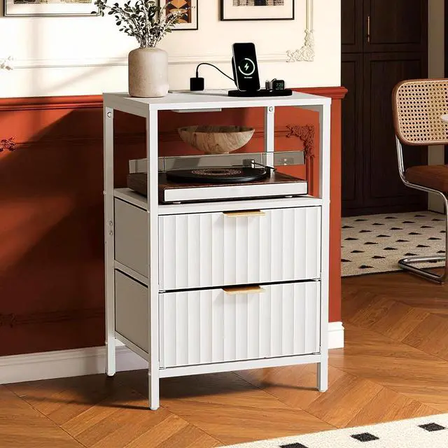 Main image of Fluted Nightstand, Fabric Dresser with 2 Drawers and 1 Shelf, Bedside Table/End Table with Charging Station, Nightstand for Bedroom, Livingroom, College Dorm, White