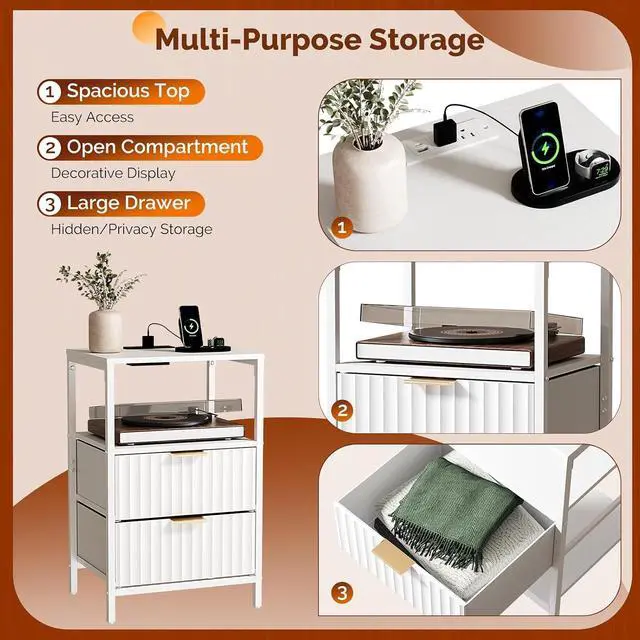 Alt view image 6 of 7 - Fluted Nightstand, Fabric Dresser with 2 Drawers and 1 Shelf, Bedside Table/End Table with Charging Station, Nightstand for Bedroom, Livingroom, College Dorm, White