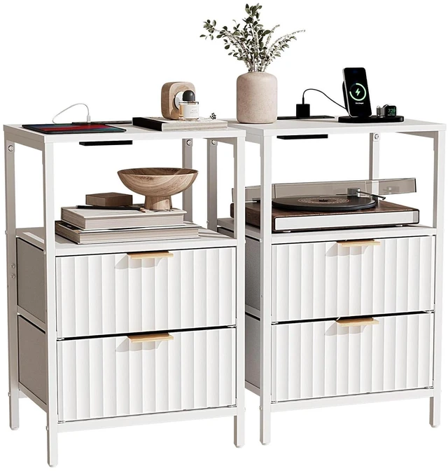Main image of Fluted Nightstand Set of 2, Fabric Dresser with 2 Drawers and 1 Shelf, Bedside Table/End Table with Charging Station, Nightstand for Bedroom, Livingroom, College Dorm, White