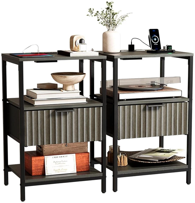 Main image of Fluted Nightstand Set of 2, End Table with Fabric Drawer with Charging Station, Night Stand with Storage Shelf & Handle, Fluted Side Table for Bedroom/Living Room,Grey