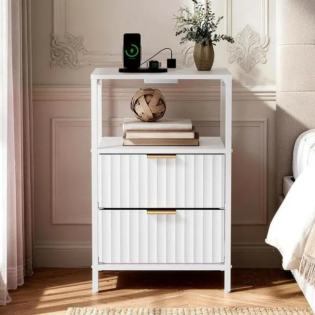Alt view image 7 of 7 - White Nightstand with Charging Station and Fabric Drawers, Fluted Nightstand with Drawers, White Side Table/Night Stand with Charging Station for Bedroom, Dorm, 14.96" W*11.81" D*23.78" H