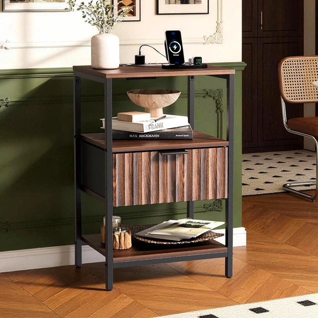 Main image of Fluted Nightstand with Charging Station, End Table with Fabric Drawer, Night Stand with Storage Shelf & Handle, Fluted Side Table for Bedroom/Living Room,Walunt