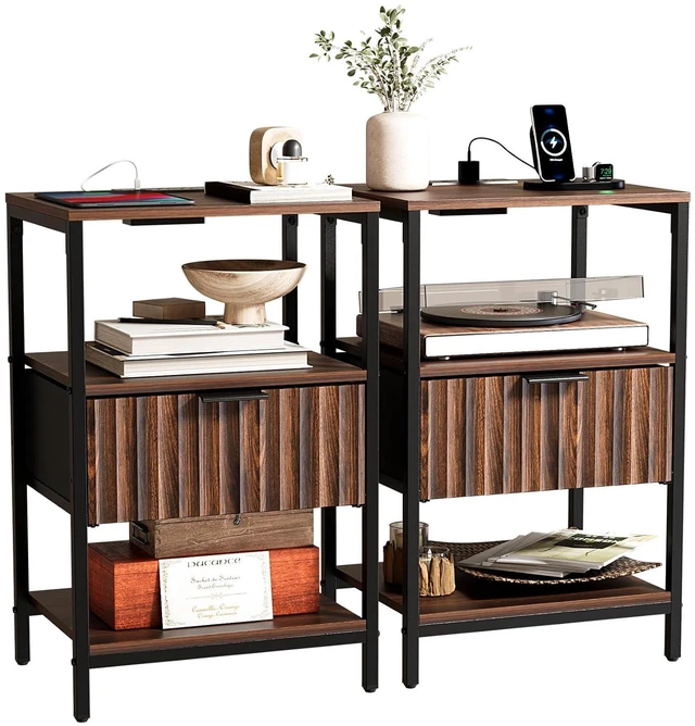 Main image of Fluted Nightstand Set of 2, Fabric Dresser with 2 Drawers and 1 Shelf, Bedside Table/End Table with Charging Station, Nightstand for Bedroom, Livingroom, College Dorm, Walunt