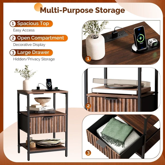 Alt view image 6 of 7 - Fluted Nightstand with Charging Station, End Table with Fabric Drawer, Night Stand with Storage Shelf & Handle, Fluted Side Table for Bedroom/Living Room,Walunt