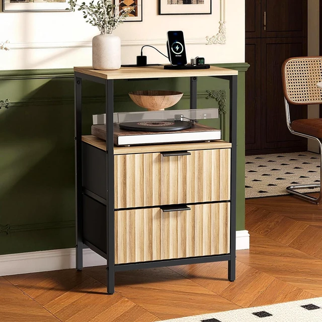 Main image of Fluted Nightstand, Fabric Dresser with 2 Drawers and 1 Shelf, Bedside Table/End Table with Charging Station, Nightstand for Bedroom, Livingroom, College Dorm, Oak