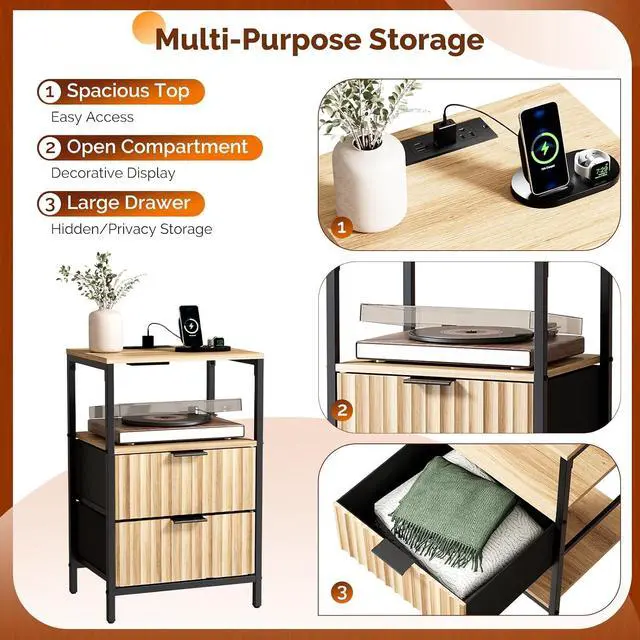 Alt view image 7 of 7 - Fluted Nightstand Set of 2, Fabric Dresser with 2 Drawers and 1 Shelf, Bedside Table/End Table with Charging Station, Nightstand for Bedroom, Livingroom, College Dorm, Oak