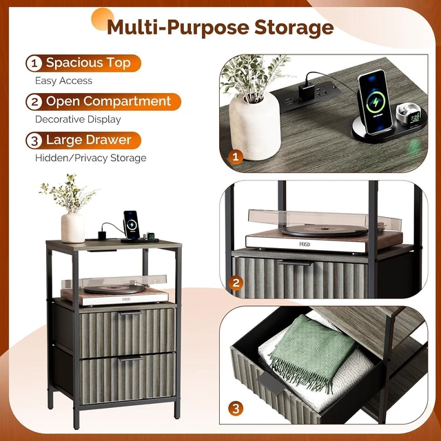 Alt view image 6 of 7 - Fluted Nightstand, Fabric Dresser with 2 Drawers and 1 Shelf, Bedside Table/End Table with Charging Station, Nightstand for Bedroom, Livingroom, College Dorm, Oak