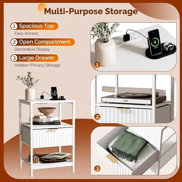 Alt view image 7 of 7 - Fluted Nightstand with Charging Station, End Table with Fabric Drawer, Night Stand with Storage Shelf & Handle, Fluted Side Table for Bedroom/Living Room, White