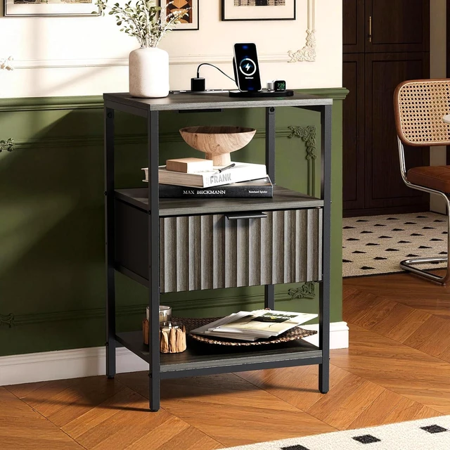 Main image of Fluted Nightstand with Charging Station, End Table with Fabric Drawer, Night Stand with Storage Shelf & Handle, Fluted Side Table for Bedroom/Living Room, Grey