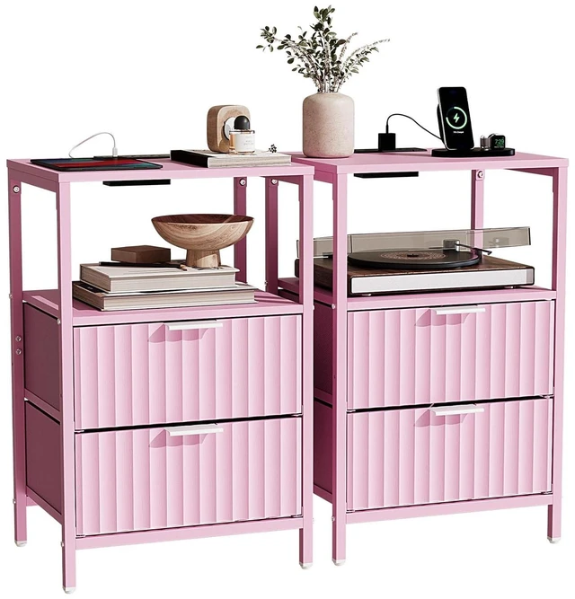 Main image of Fluted Nightstand Set of 2, Fabric Dresser with 2 Drawers and 1 Shelf, Bedside Table/End Table with Charging Station, Nightstand for Bedroom, Livingroom, College Dorm, Pink