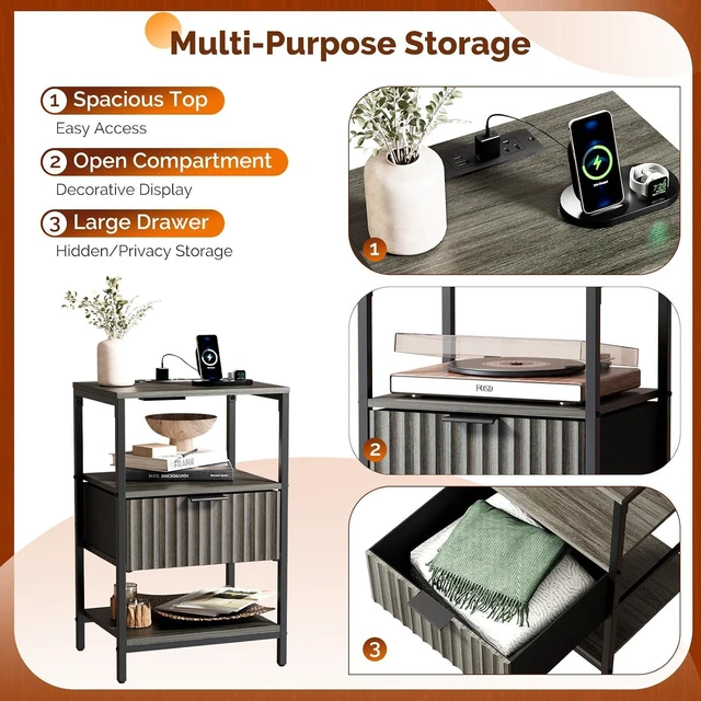 Alt view image 6 of 7 - Fluted Nightstand with Charging Station, End Table with Fabric Drawer, Night Stand with Storage Shelf & Handle, Fluted Side Table for Bedroom/Living Room, Grey
