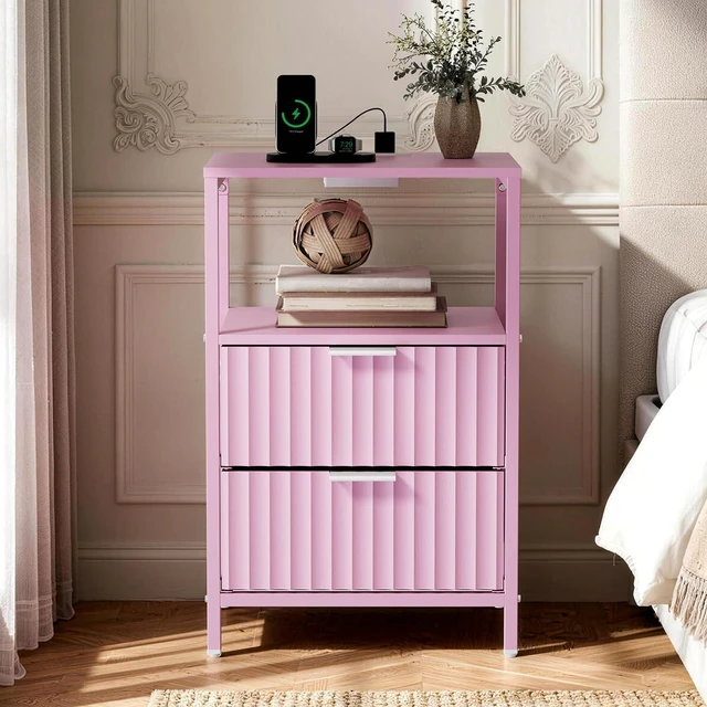 Alt view image 2 of 7 - Fluted Nightstand Set of 2, Fabric Dresser with 2 Drawers and 1 Shelf, Bedside Table/End Table with Charging Station, Nightstand for Bedroom, Livingroom, College Dorm, Pink