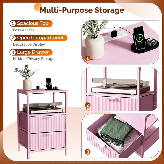 Alt view image 6 of 7 - Fluted Nightstand, Fabric Dresser with 2 Drawers and 1 Shelf, Bedside Table/End Table with Charging Station, Nightstand for Bedroom, Livingroom, College Dorm, Pink
