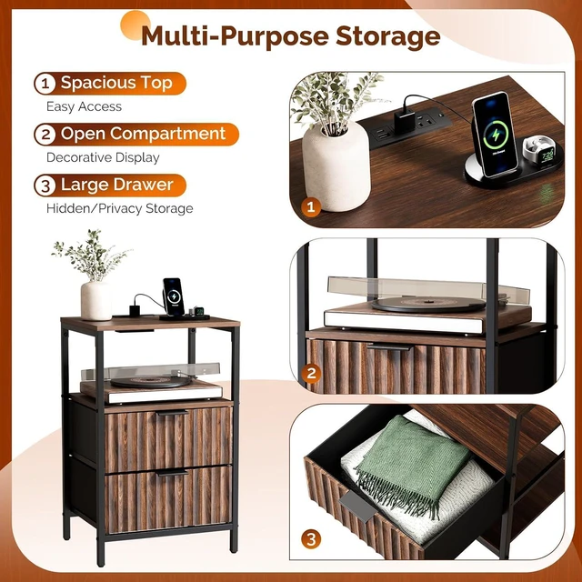 Alt view image 6 of 7 - Fluted Nightstand, Fabric Dresser with 2 Drawers and 1 Shelf, Bedside Table/End Table with Charging Station, Nightstand for Bedroom, Livingroom, College Dorm, Walunt