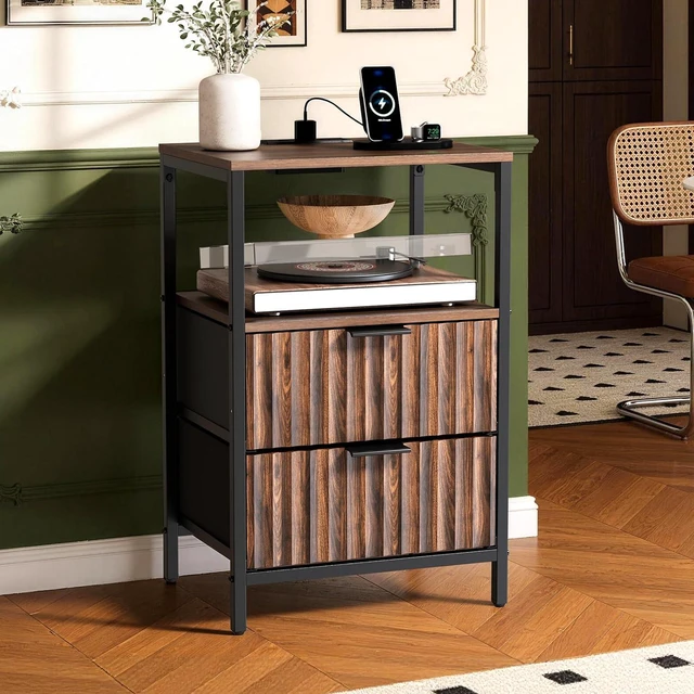 Main image of Fluted Nightstand, Fabric Dresser with 2 Drawers and 1 Shelf, Bedside Table/End Table with Charging Station, Nightstand for Bedroom, Livingroom, College Dorm, Walunt