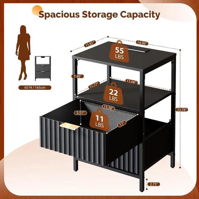 Alt view image 2 of 7 - Black Nightstands Set of 2 with Fabric Drawers, Fluted Nightstands with Charging Station, Night Stand Set of 2, Small Bedside Table, Bed Side Table/Night Stand with Charging Station for Bedroom