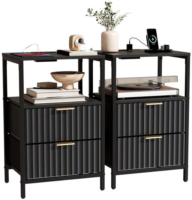 Main image of Fluted Nightstand Set of 2, Fabric Dresser with 2 Drawers and 1 Shelf, Bedside Table/End Table with Charging Station, Nightstand for Bedroom, Livingroom, College Dorm, Black