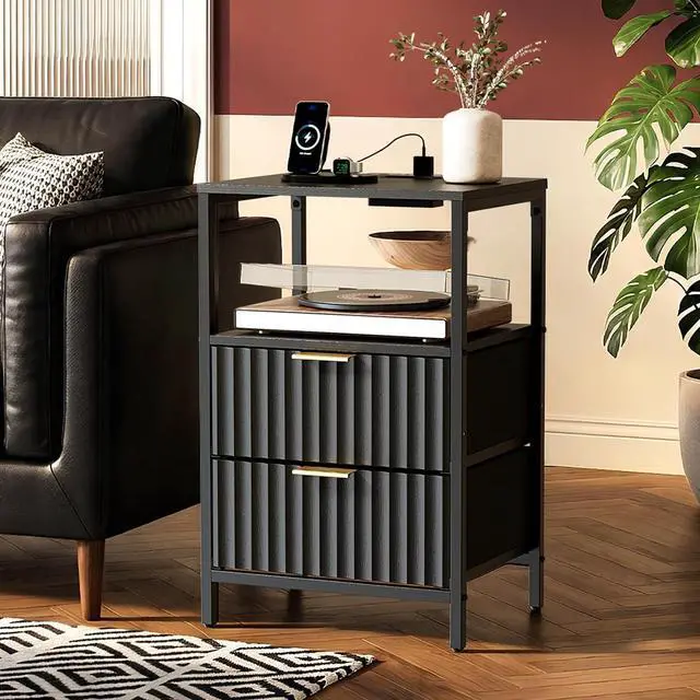 Alt view image 3 of 7 - Black Nightstands Set of 2 with Fabric Drawers, Fluted Nightstands with Charging Station, Night Stand Set of 2, Small Bedside Table, Bed Side Table/Night Stand with Charging Station for Bedroom