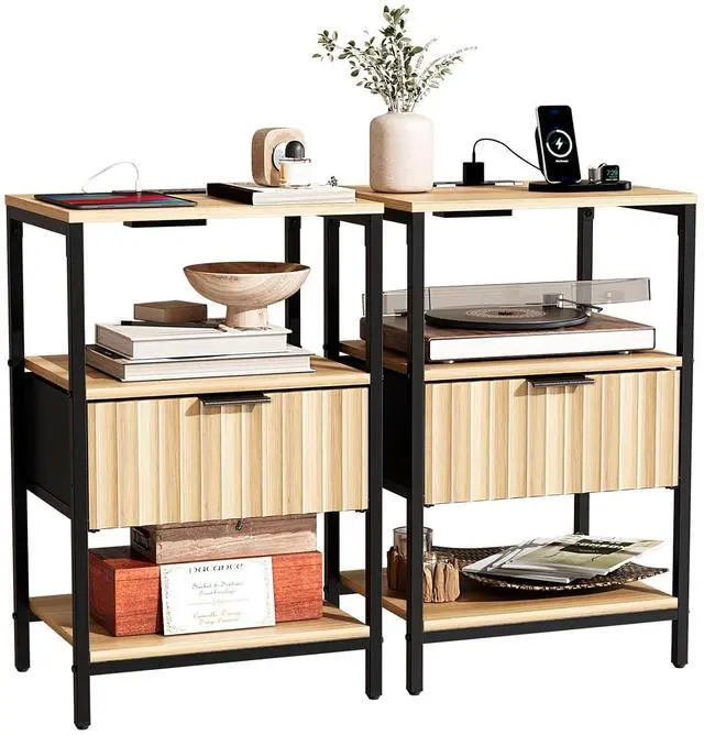 Main image of Fluted Nightstand Set of 2, End Table with Fabric Drawer with Charging Station, Night Stand with Storage Shelf & Hook, Fluted Side Table for Bedroom/Living Room,Oak
