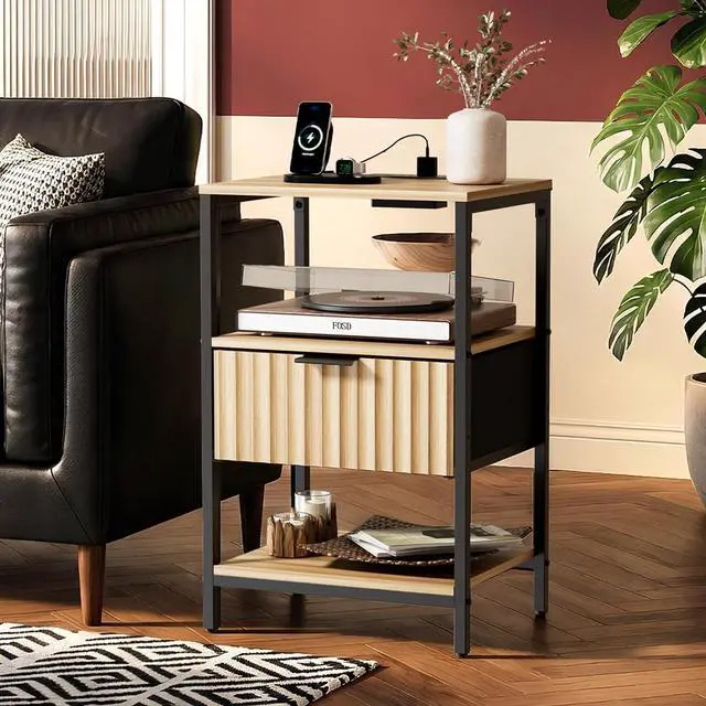 Alt view image 2 of 7 - Fluted Nightstand Set of 2, End Table with Fabric Drawer with Charging Station, Night Stand with Storage Shelf & Hook, Fluted Side Table for Bedroom/Living Room,Oak