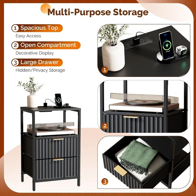 Alt view image 7 of 7 - Fluted Nightstand Set of 2, Fabric Dresser with 2 Drawers and 1 Shelf, Bedside Table/End Table with Charging Station, Nightstand for Bedroom, Livingroom, College Dorm, Black