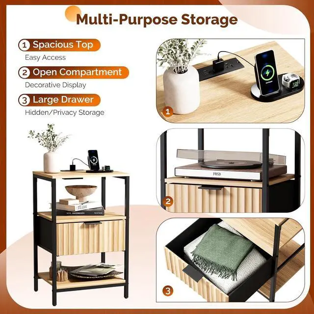 Alt view image 7 of 7 - Fluted Nightstand Set of 2, End Table with Fabric Drawer with Charging Station, Night Stand with Storage Shelf & Hook, Fluted Side Table for Bedroom/Living Room,Oak