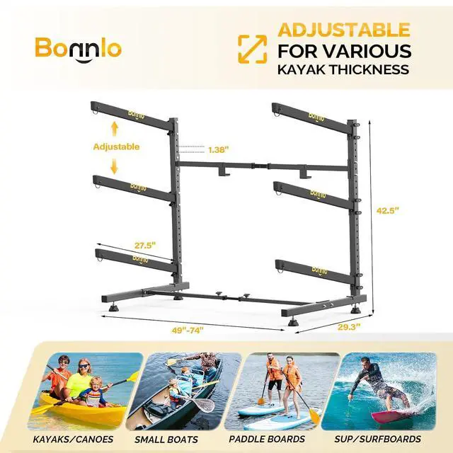 Alt view image 2 of 7 - Kayak Storage Rack, Adjustable Heavy Duty Kayak Rack for Kayaks Paddle Boards, Kayak Paddle Holder for Garage, Spacesaver, Gentle on Padding, Boat Organizer