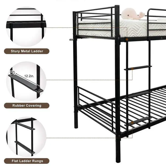Alt view image 3 of 7 - Bunk Bed Twin Over Twin for Kids/Teens/Adults Heavy Duty 2 Decker Bed with Flat Ladder and 13 inches High Guardrail, Metal Space Saver Bed with Stairs, Black