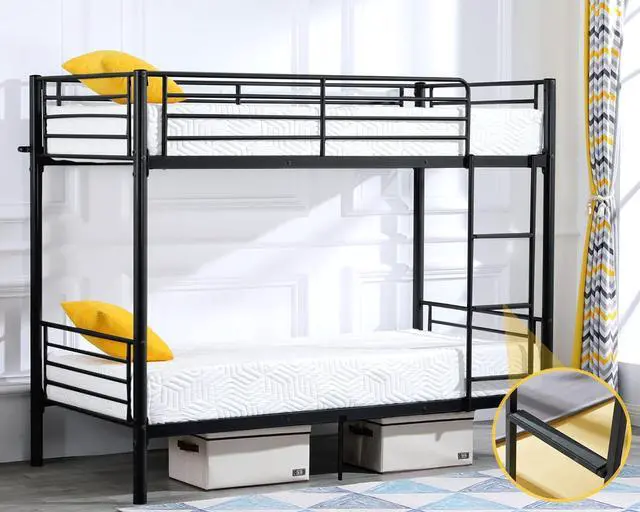Main image of Bunk Bed Twin Over Twin for Kids/Teens/Adults Heavy Duty 2 Decker Bed with Flat Ladder and 13 inches High Guardrail, Metal Space Saver Bed with Stairs, Black