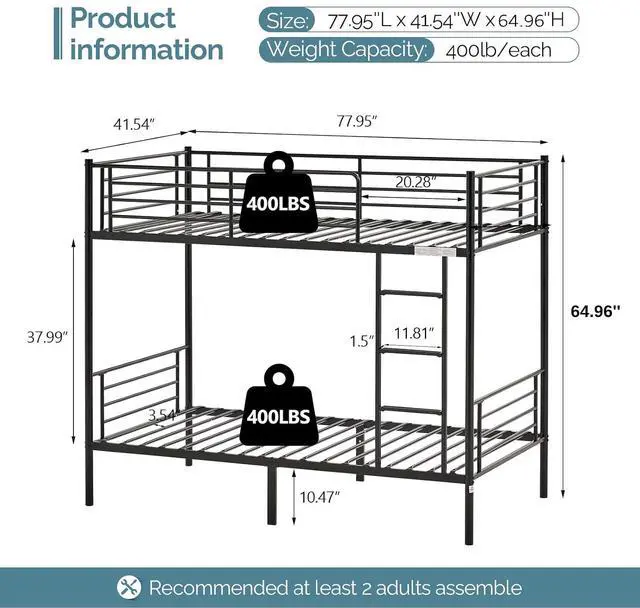 Alt view image 2 of 7 - Bunk Bed Twin Over Twin for Kids/Teens/Adults Heavy Duty 2 Decker Bed with Flat Ladder and 13 inches High Guardrail, Metal Space Saver Bed with Stairs, Black