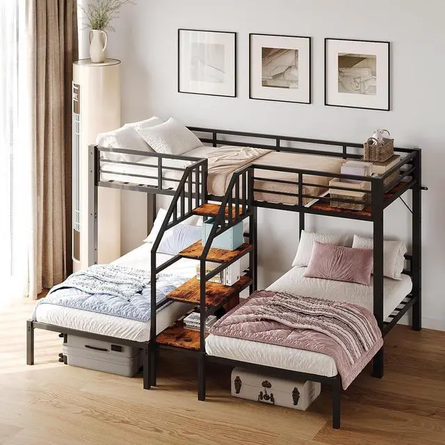 Main image of Metal Triple Bunk Bed with Stairs, Twin Over Twin Over Twin Bunk Beds for Kids,Teens and Adults, 3 People Bed, No Box Spring Needed,Black