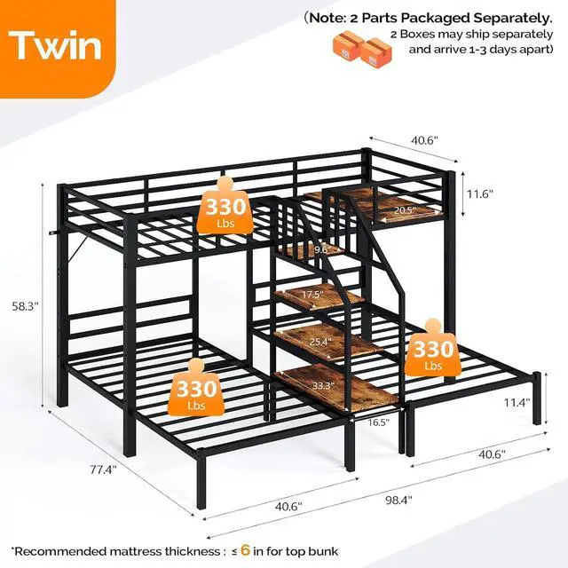 Alt view image 2 of 7 - Metal Triple Bunk Bed with Stairs, Twin Over Twin Over Twin Bunk Beds for Kids,Teens and Adults, 3 People Bed, No Box Spring Needed,Black