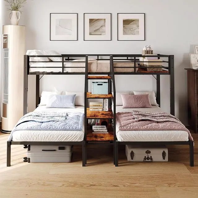 Alt view image 5 of 7 - Metal Triple Bunk Bed with Stairs, Twin Over Twin Over Twin Bunk Beds for Kids,Teens and Adults, 3 People Bed, No Box Spring Needed,Black
