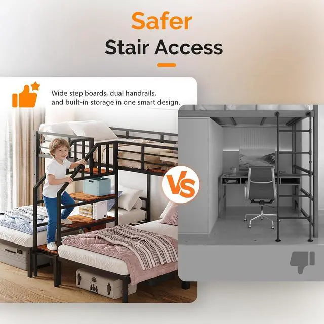 Alt view image 3 of 7 - Metal Triple Bunk Bed with Stairs, Twin Over Twin Over Twin Bunk Beds for Kids,Teens and Adults, 3 People Bed, No Box Spring Needed,Black