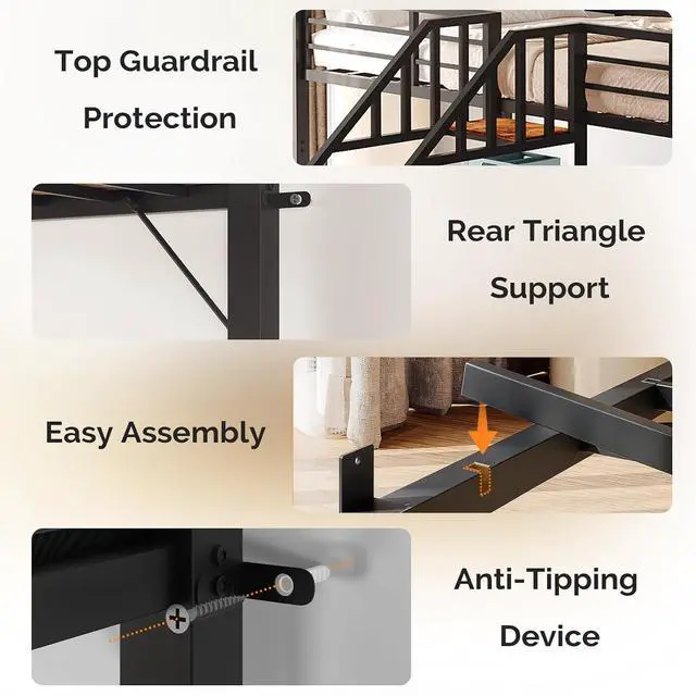 Alt view image 6 of 7 - Metal Triple Bunk Bed with Stairs, Twin Over Twin Over Twin Bunk Beds for Kids,Teens and Adults, 3 People Bed, No Box Spring Needed,Black