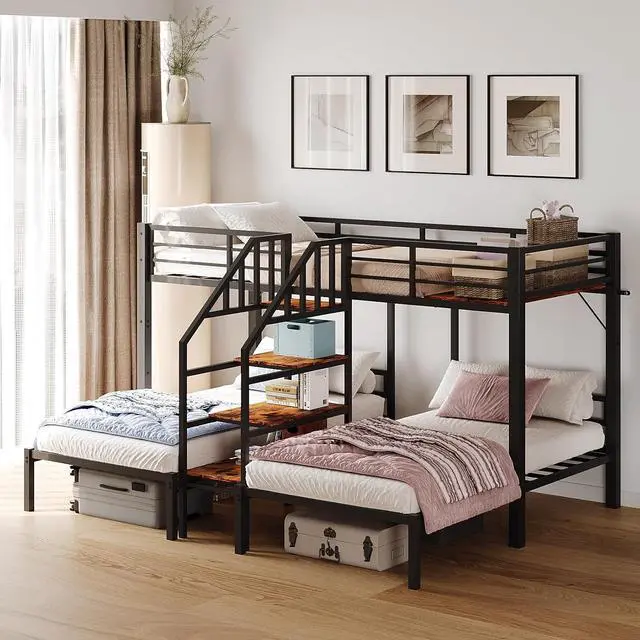 Alt view image 7 of 7 - Metal Triple Bunk Bed with Stairs, Twin Over Twin Over Twin Bunk Beds for Kids,Teens and Adults, 3 People Bed, No Box Spring Needed,Black
