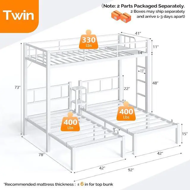 Alt view image 2 of 7 - Metal Triple Bunk Bed Twin Over Twin Over Twin,3 Bunk Beds with Shelves for Kids,Teens and Adults, Detachable 3 Person Bed, No Box Spring Needed,White
