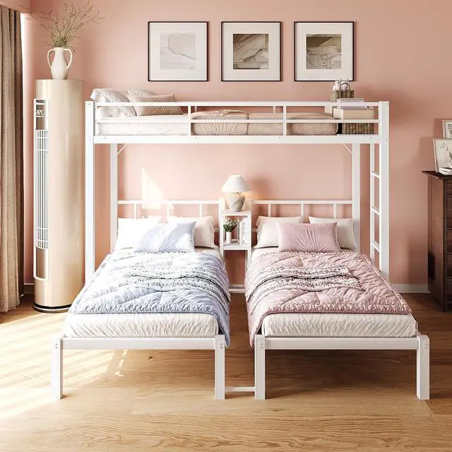 Alt view image 3 of 7 - Metal Triple Bunk Bed Twin Over Twin Over Twin,3 Bunk Beds with Shelves for Kids,Teens and Adults, Detachable 3 Person Bed, No Box Spring Needed,White