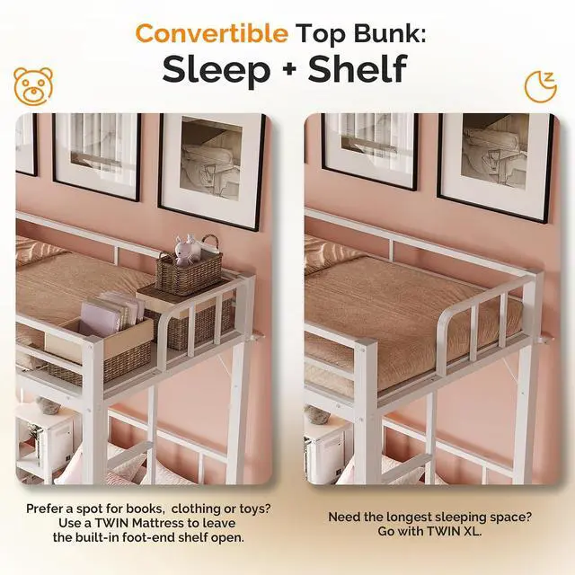 Alt view image 4 of 7 - Metal Triple Bunk Bed Twin Over Twin Over Twin,3 Bunk Beds with Shelves for Kids,Teens and Adults, Detachable 3 Person Bed, No Box Spring Needed,White