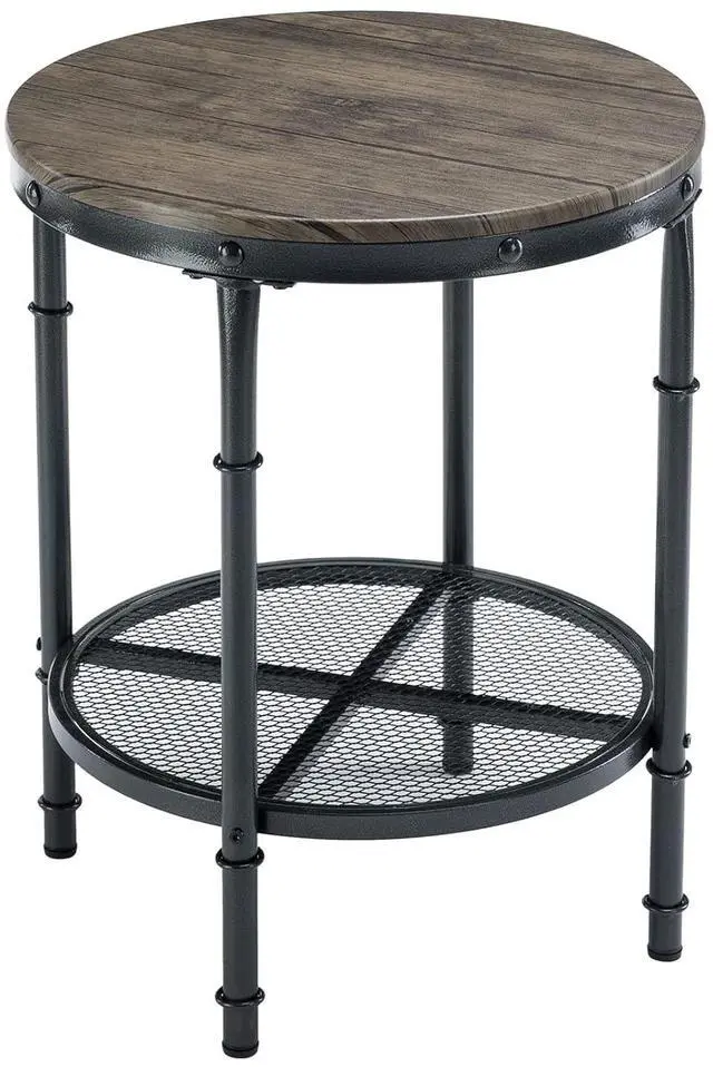 Main image of 20" Side Table, Round End Tables Living Room, Industrial Small End Table with Metal Mesh, Rustic Farmhouse Side Tables for Bedroom, Office, Corner, Walnut